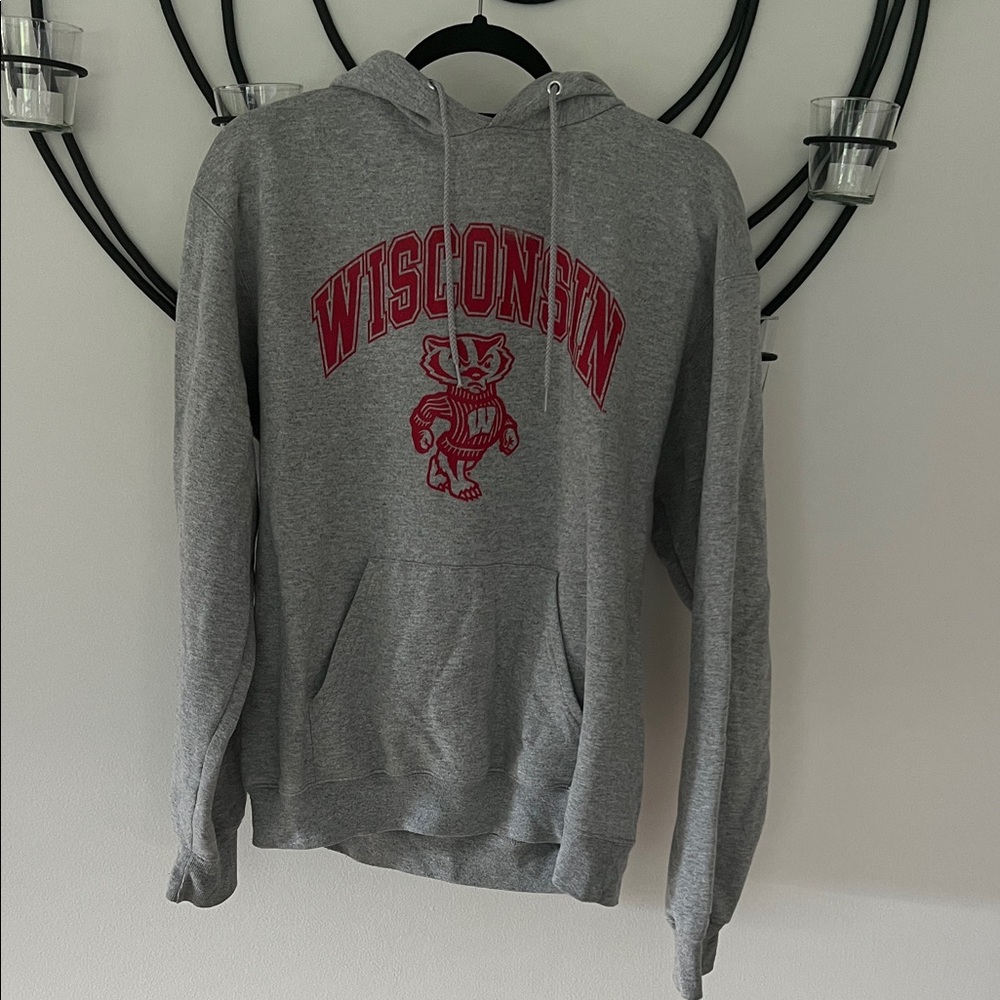 Champion Gray Wisconsin Hoodie with Red Logo